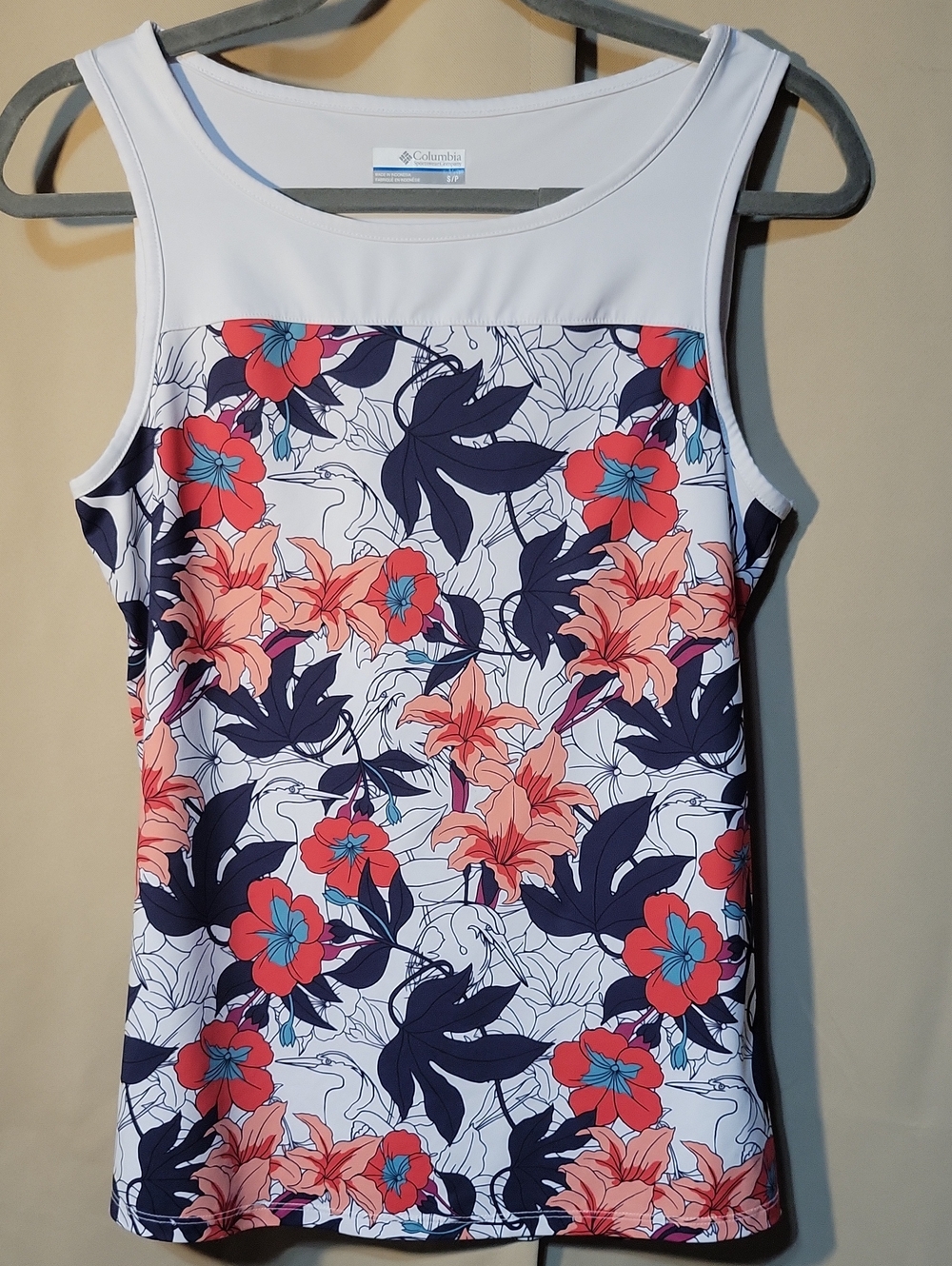 Columbia White Floral-Print Women’s Tank Top with Coral & Navy Accents